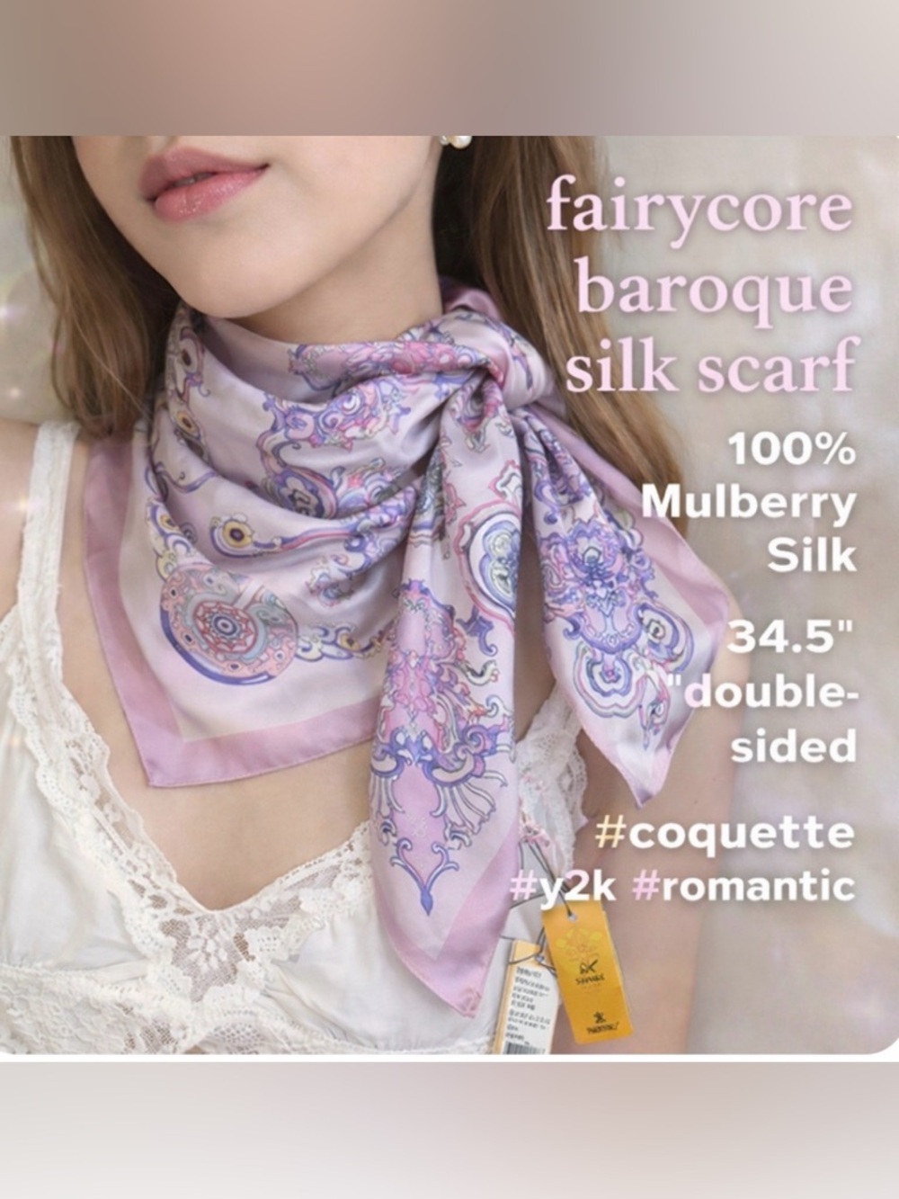 Wensli Silk Scarf NWT Pink Purple Fairy Print Square 34.5” Double-Sided NEW